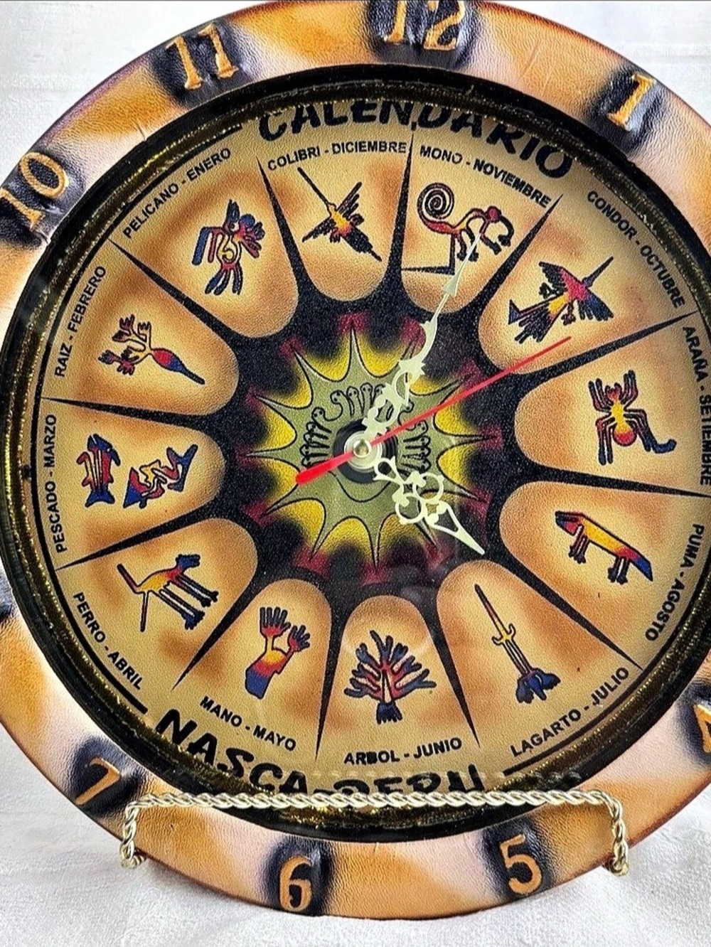 Vintage Calendario Nasca Peru Wall Clock Brown Black Peruvian Folk Art